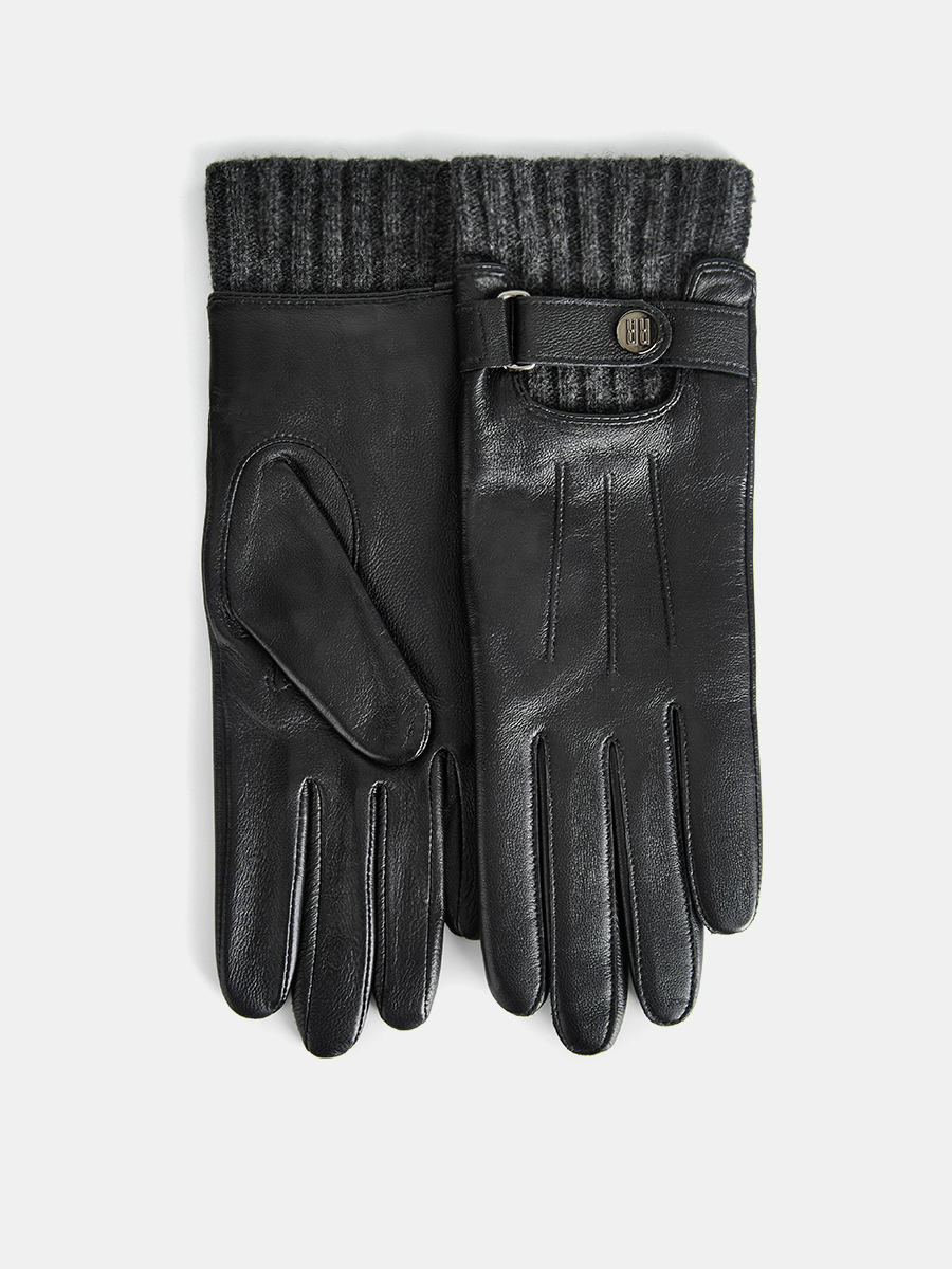 LB-0981L-RF-black-6.5_Н Перчатки жен.нат.кожа70%шерсть ,30% акрил р.6,5 черный/серый