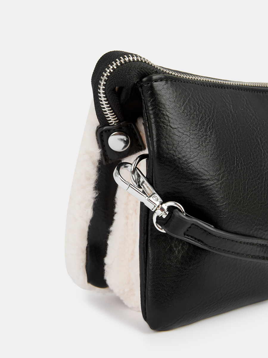 Сумка женская с меховой вставкой, черно-белая, 5x23x15