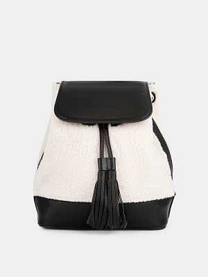 Рюкзак женский с меховой отделкой, черно-белый,10x24x30