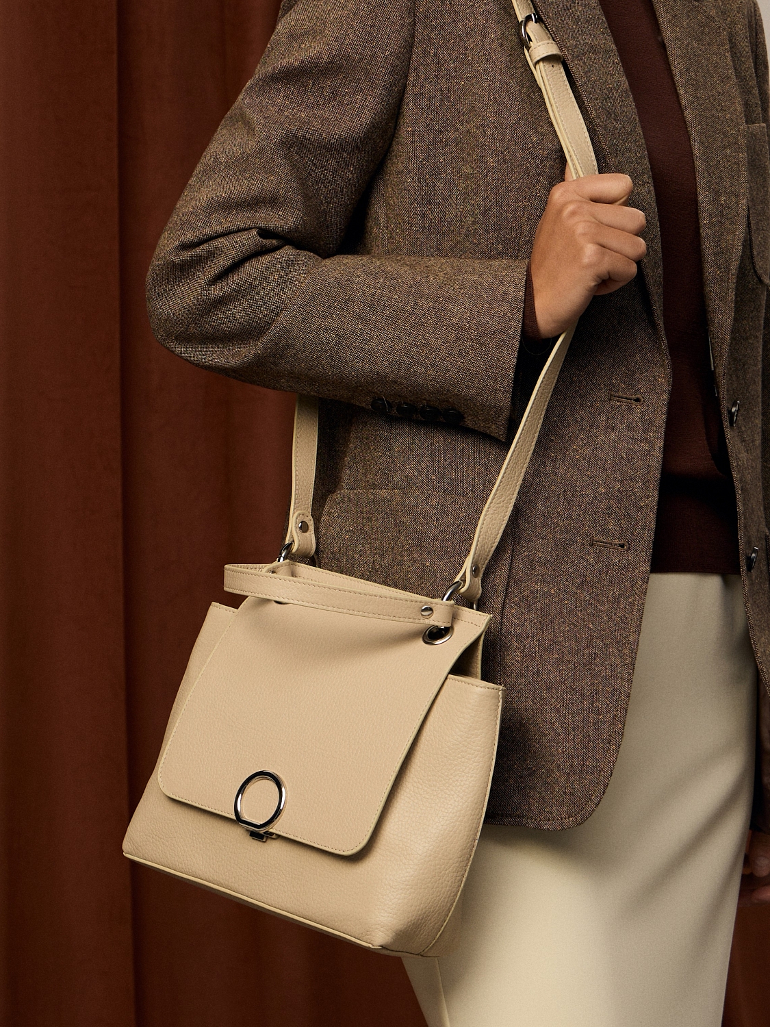 Сумка женская из натуральной кожи, бежевая, 32x10x12,5