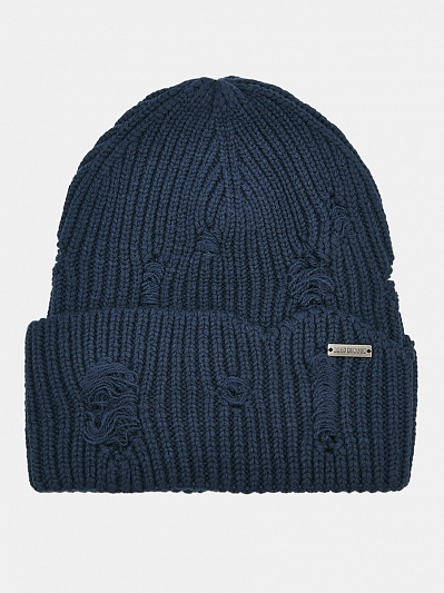 Шапка женская  с шерстью в стиле гранж, синяя