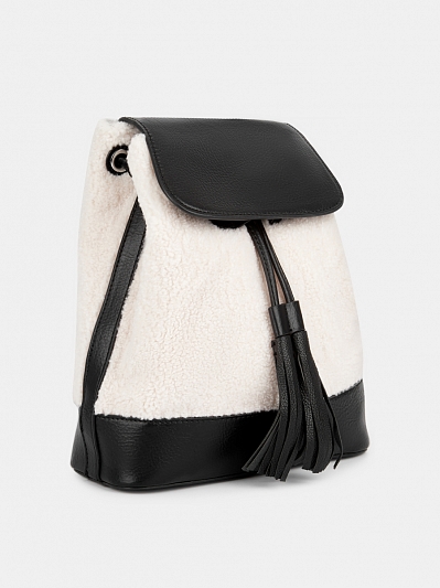 Рюкзак женский с меховой отделкой, черно-белый,10x24x30